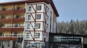 Chalets 1, josta yhdyskäytävä Lapland Hotels Ylläs Saagan vastaanottoon.